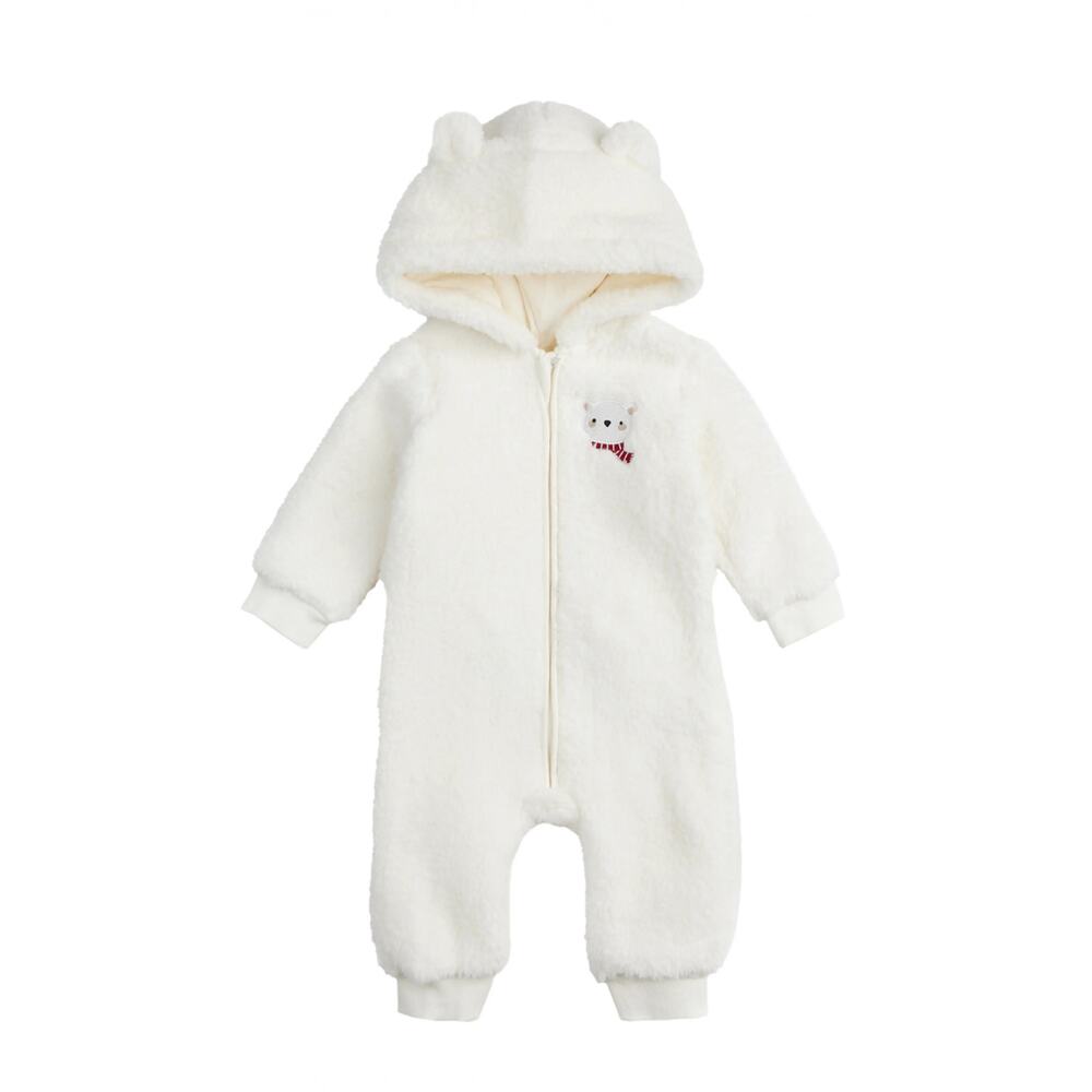 Petit Lem Holiday Polar Bear Appliqué High Pile Fleece Hooded Romper
